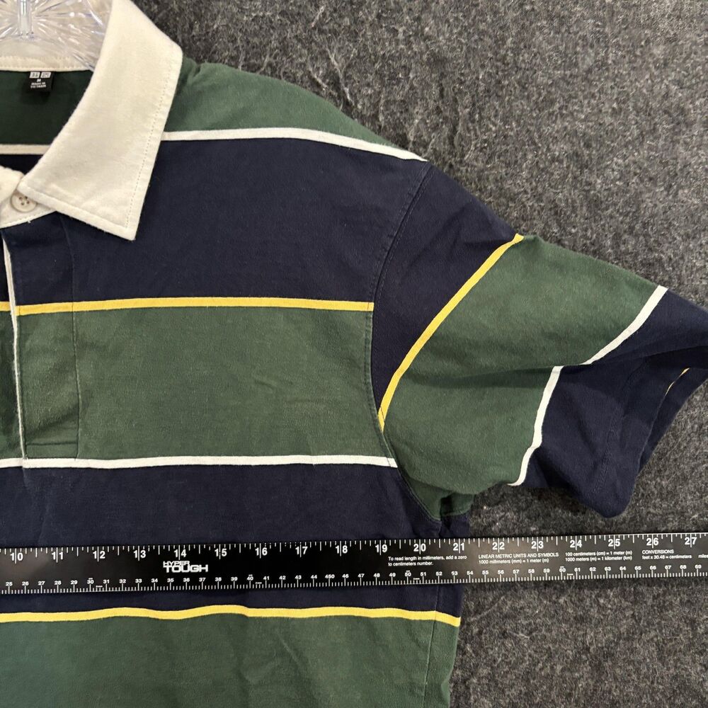 Uniqlo Rugby Polo Shirt Men's Medium Green Navy Striped 100% Cotton Casual Knit - Picture 6 of 9
